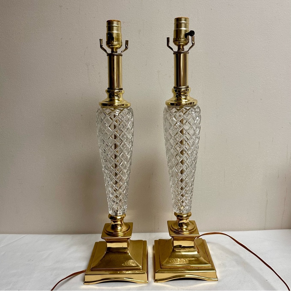 Vintage Upscale Berman Tapered Cut Crystal and Brass Table Lamps-A Pair